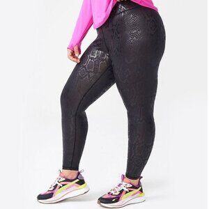 Terez Black Foil Snakeskin Animal Print Stretch Obsidian Leggings 3X